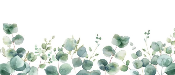 green floral banner with silver dollar eucalyptus and branches leaves in watercolored green isolated on a white background
