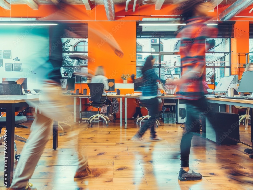 Aufkleber Dynamic Abstract Blur at Vibrant Co-working Space with Three Unidentifiable Figures in Motion, Orange and Green Interior