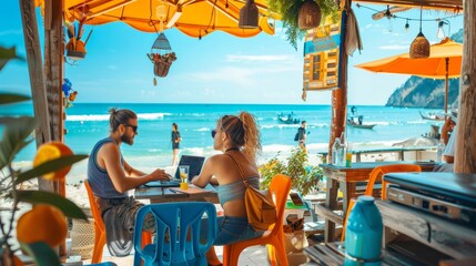 Diverse Digital Nomads Working at a Beachside Cafe in Chiang Mai, Thailand, Embracing Work-from-Anywhere Culture in Daylight