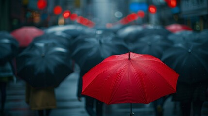 Standout Red Umbrella Amidst Black in Rainy Tokyo: A Symbol of Individuality and Innovation