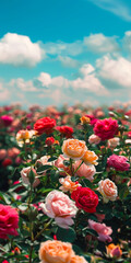 A large field of roses with green leaves against a blue cloudy sky, perfect for a screensaver or banner.