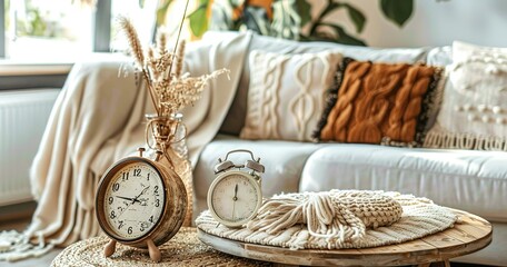Close up of alarm clock on round wooden table near sofa modern living room, home.