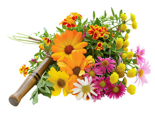 Obraz premium Beautiful bouquet of colorful wildflowers with rustic wooden handle, perfect for spring and summer decor or nature-themed designs.