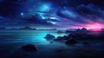 Fantasy night seascape, glowing marine life, starry sky, digital art