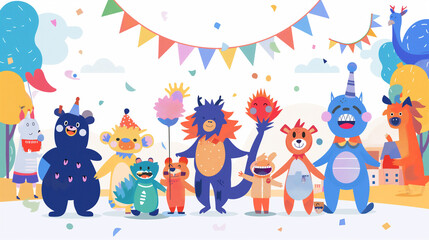 Naklejka premium An illustration of a community event with various mascots from local businesses and organizations, community event, flat design, with copy space, inscription National Mascot Day