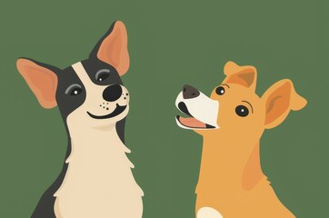 two funny dogs, clean green background, cartoon illustration style