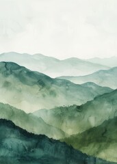 watercolor painting of forest and mountain view in mist simple and artistic style