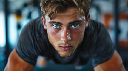 Muscular man working out in gym, focus on arm and chest, determination.