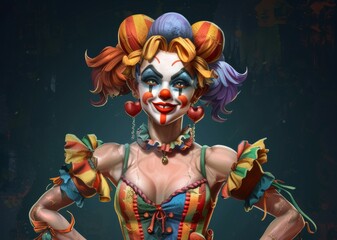 Woman clown circus character design, splash art, full body for slot game character