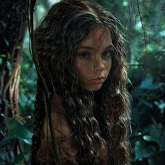 Wild girl in the water forest, beautiful, pure and wild