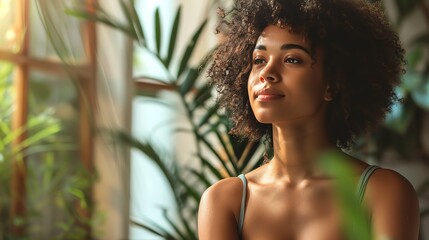 Young woman looking thoughtfully out a window, surrounded by plants.