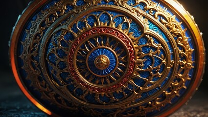 Ornate Golden Shield with Blue and Red Accents