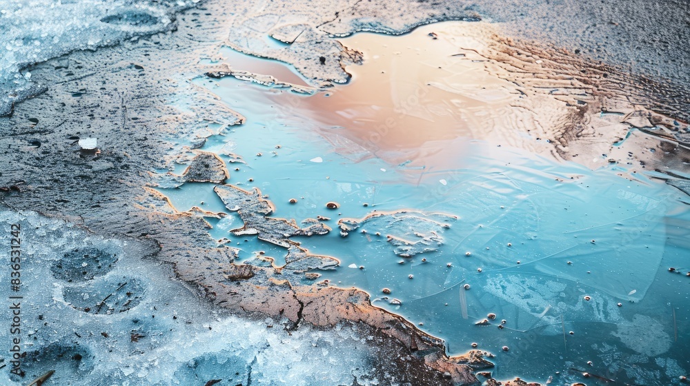 Poster frozen puddle displaying an abstract pattern with a gradient color serving as a background of winter
