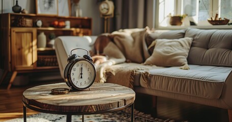 Close up of alarm clock on round wooden table near sofa modern living room, home.