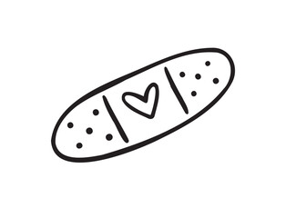 Hand drawn aid band plaster with heart care isolated on white background. doodle outline style