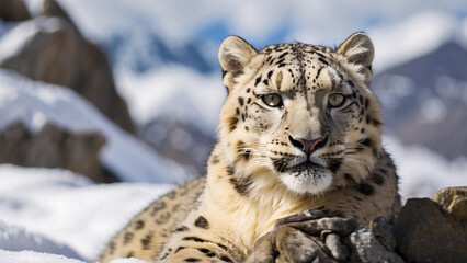 Obraz premium Painting of a leopard standing on a rock in front of a mountain ai generative photo
