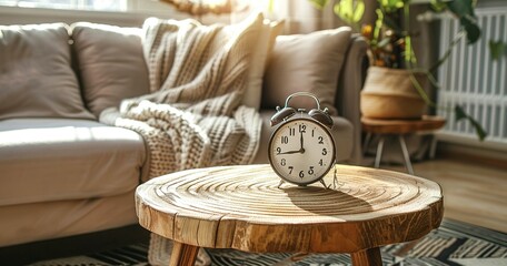Close up of alarm clock on round wooden table near sofa modern living room, home.