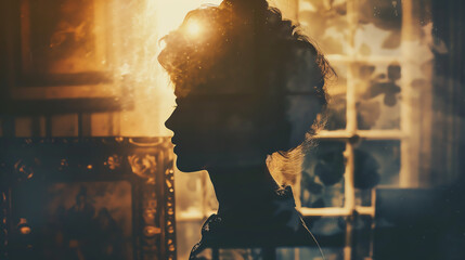 Ancient family heirlooms displayed close up, focus on, copy space Warm and historical tones Double exposure silhouette with vintage patterns.