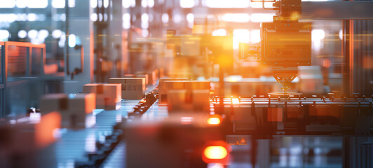 Fototapeta premium Automated packaging machines in action close up, focus on, copy space Hightech and efficient scene Double exposure silhouette with machinery and packages.