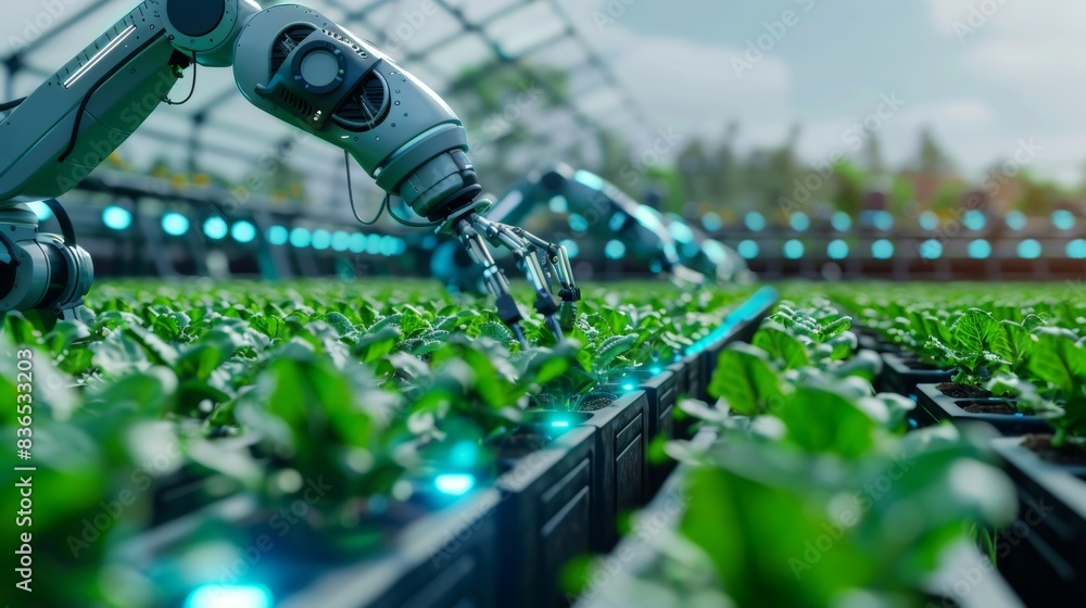 Aufkleber a futuristic smart farm with rows of crops being cared for by robotic arms equipped with soil moistu