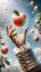 17th century hand catching falling apple with scientific formulas
