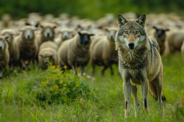 In a scene of "Wolf Among Sheep," animals graze on green grass, illustrating the stark contrast between the predator and the flock.
