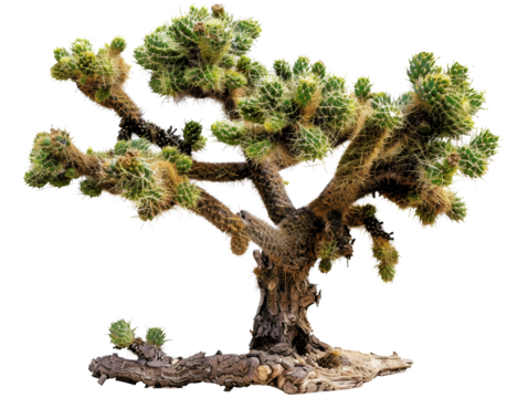 Isolated Joshua tree with a unique, twisted trunk and vibrant green foliage, showcasing the beauty of desert flora.