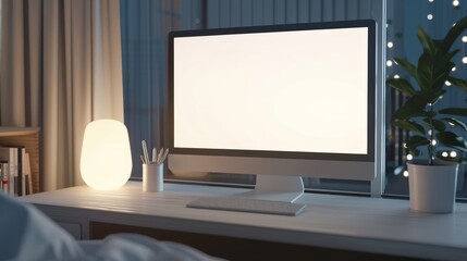 Fototapeta premium Tech Oasis Minimalist Bedroom Setup with Sleek Desktop Computer and Blank Screen