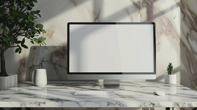 Elegant Technology Blank Screen Desktop Computer on Luxurious Marble Table