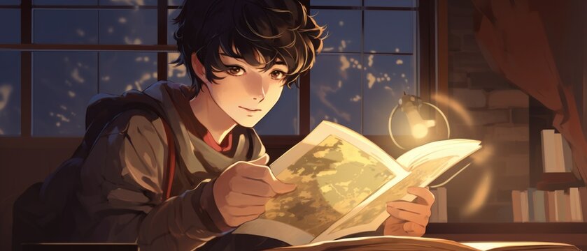 llustration of happy boy reading a book. Japanese anime or manga style illustration of a teenager reading a novel. Drawing with lights and shadows. Handsome guy