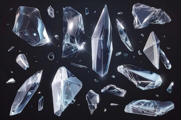 A realistic modern illustration set showcases shattered mirror pieces, with splintered shards resembling beaten crystal or ice flying through the air.






