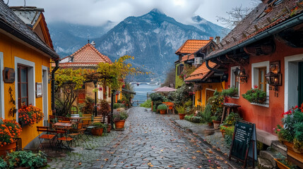 Obraz premium Historic European Street: Charming Cobblestone Alley with Cafes