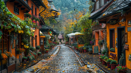 Fototapeta premium Historic European Street: Charming Cobblestone Alley with Cafes