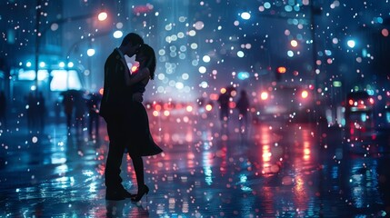 Romantic couple dancing in the rain with city lights in background