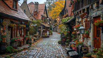 Fototapeta premium Historic European Street: Charming Cobblestone Alley with Cafes