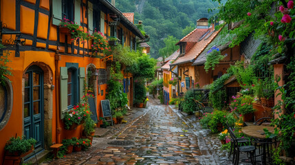 Fototapeta premium Historic European Street: Charming Cobblestone Alley with Cafes