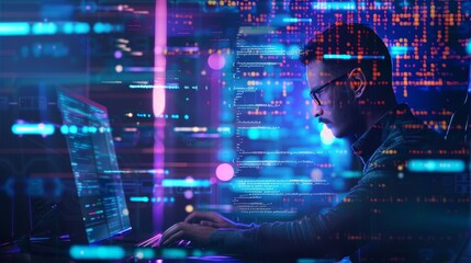 Digital Genius Coding Wizard immersed in lines of code on computer screen with futuristic digital elements Technology and Innovation Concept
