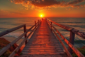 Fototapeta premium A serene boardwalk scene leads towards the ocean at sunset, offering a picturesque path to the beauty of the evening horizon.