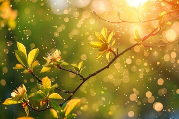 Obraz premium In spring, tree branches sway amid pollen floating in the air, marking the onset of allergy season.