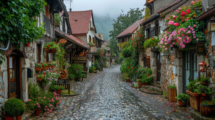 Fototapeta premium Historic European Street: Charming Cobblestone Alley with Cafes