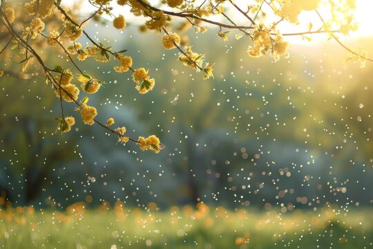 In spring, tree branches sway amid pollen floating in the air, marking the onset of allergy season.






