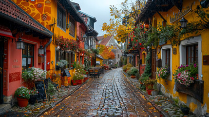 Fototapeta premium Historic European Street: Charming Cobblestone Alley with Cafes