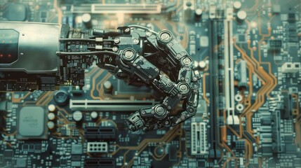 Fototapeta premium AI robot finger hand on background of future technology auto advanced semiconductor chip motherboard.