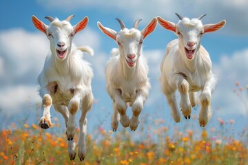 Fototapeta premium Three white goats jump with orange ears highlighting their motion, mouths open for the camera.