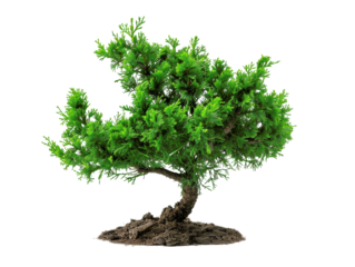 A beautifully shaped, vibrant green bonsai tree isolated on a clean white background, showcasing the art of miniature tree cultivation.