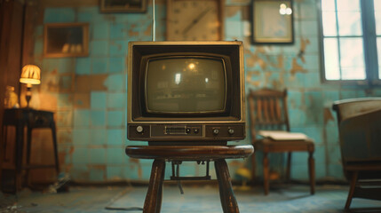Retro scene featuring an old television set on a wooden stool in a nostalgic room with vintage decor.