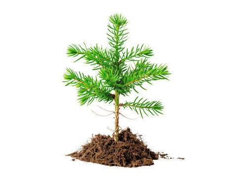 Young pine tree sapling with soil base isolated on a white background, symbolizing growth and nature's cycle.