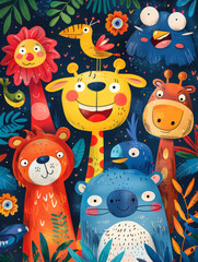 Obraz premium A delightful illustration of whimsical cartoon animals and birds in a vibrant, colorful forest, creating a joyful and playful scene.