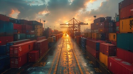 A vibrant shipping yard at sunset with stacked containers and cranes, showcasing global trade and logistics under dramatic skies.