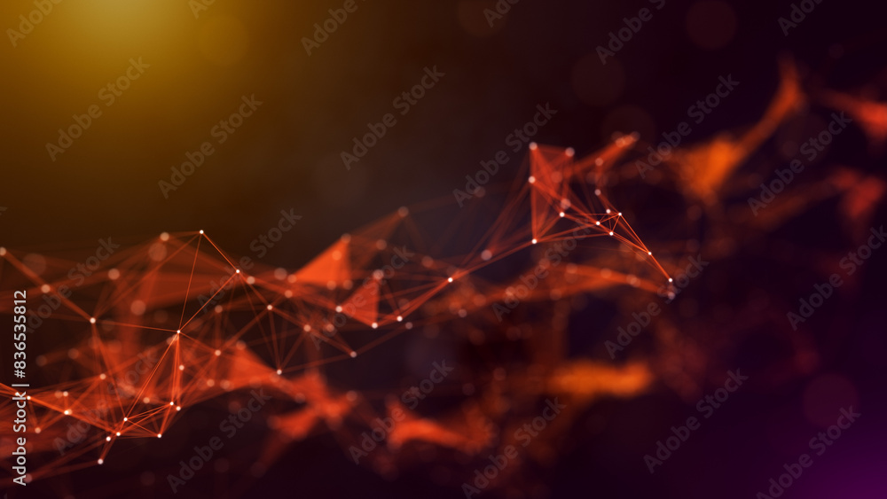 Poster abstract inspiring yellow and purple light flares with plexus random connected lines, dots, and tria